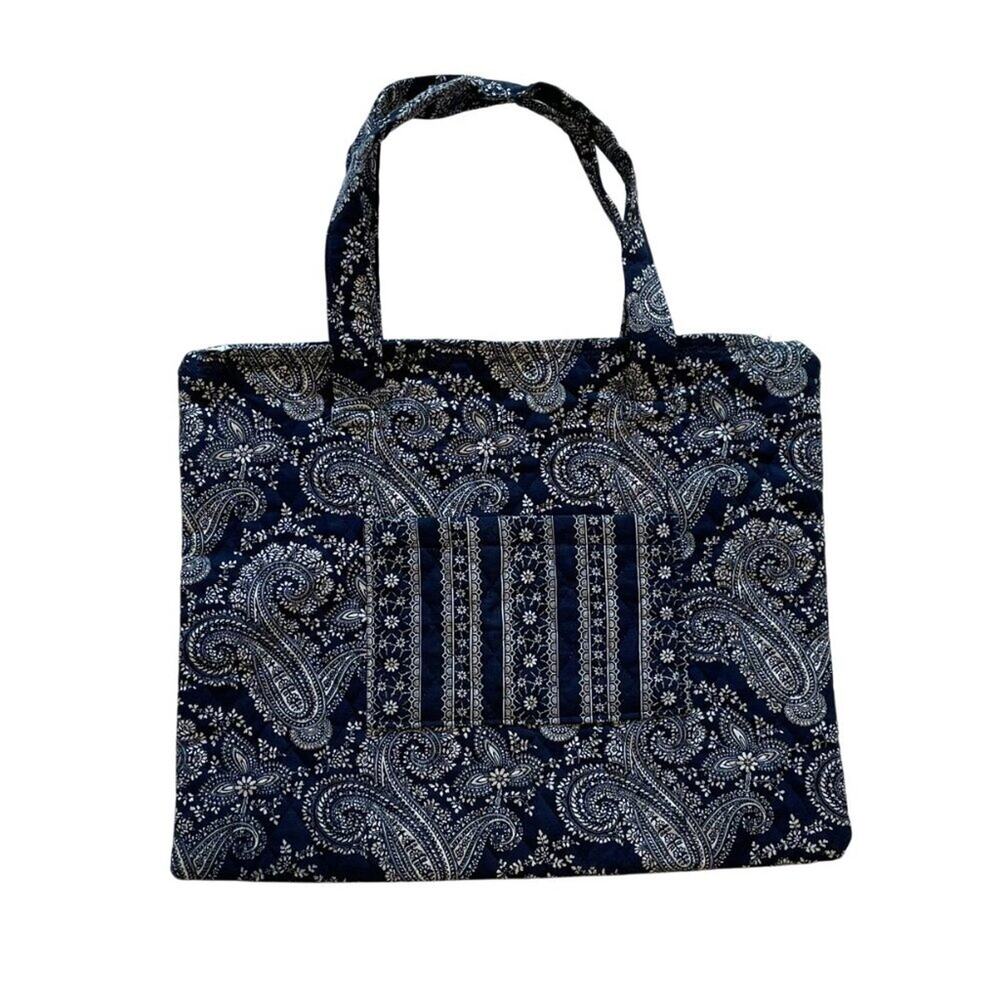 Handmade Navy Blue White Paisley Boho Tote Bag, Beach Bag, Pool Bag 15x13